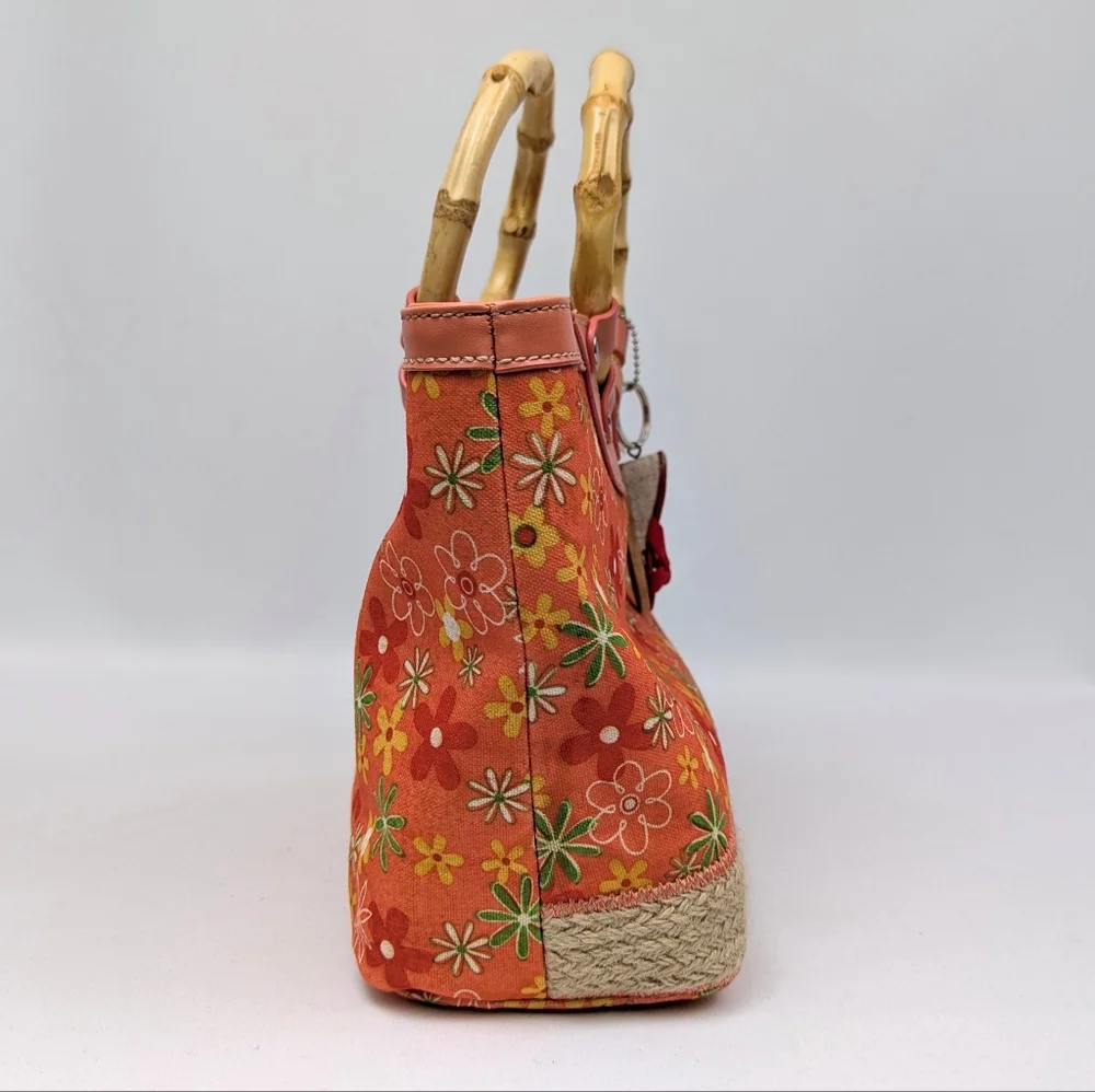 CL America Floral Canvas Tote Bag Faux Bamboo Handles Jute Beachy Coastal Coral